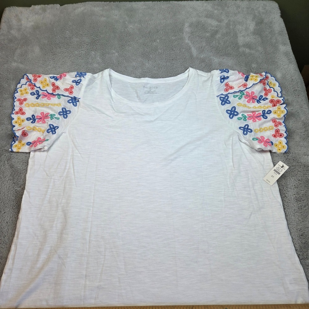 Talbots Blouse Womens 2X Floral Eyelet Tiered Flutter Sleeve Scoop Neck White